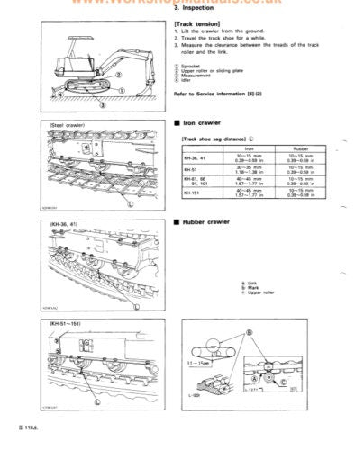Kubota KH 36 41 51 61 66 91 101 151 Excavator Service Manual sample page with service data and tables
