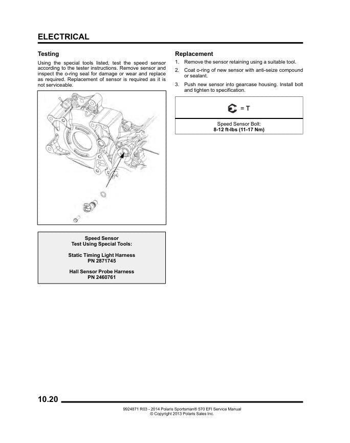 Polaris Sportsman 570 EFI ATV Service Manual sample page with service data and tables