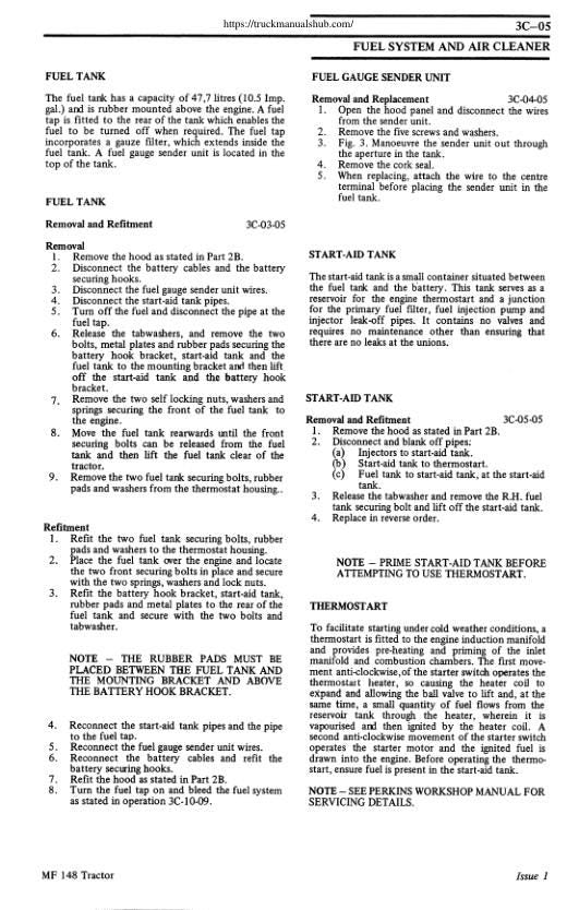 Massey Ferguson 148 Tractor Service Manual sample page with service data and tables