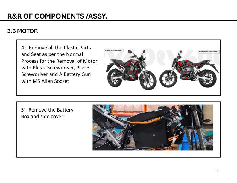Revolt RV400 Electric Motorcycle Service Manual sample page with technical illustrations