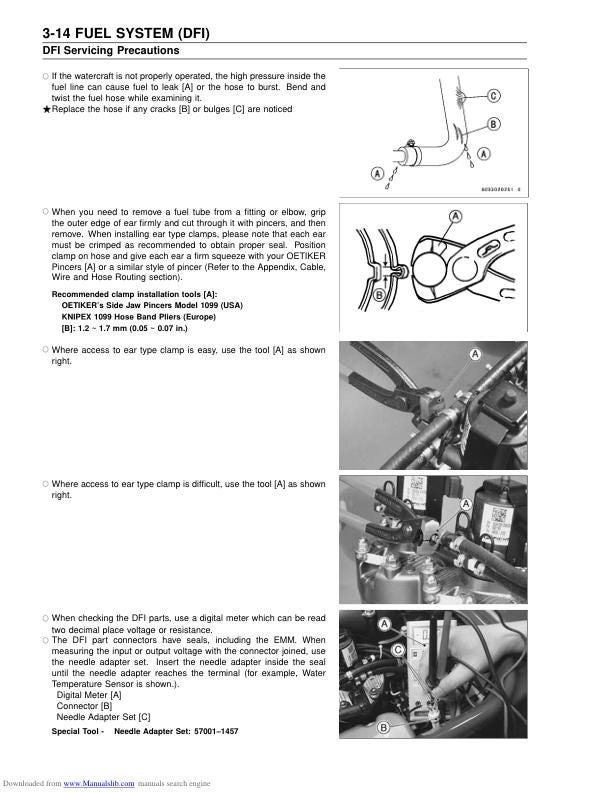 Kawasaki JetSki 1100 Service Manual sample page with diagrams and specifications