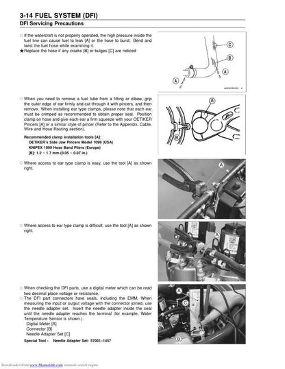 Kawasaki JetSki 1100 Service Manual sample page with diagrams and specifications