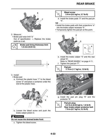 Yamaha YZ450FP Motorcycle Service Manual sample page with diagrams and specifications
