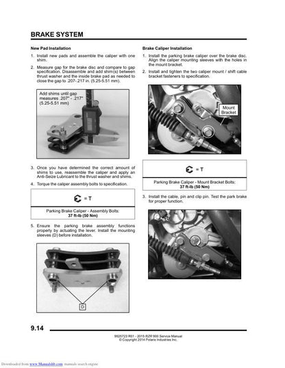 Polaris RZR 900 EPS S XC UTV Service Manual sample page with service data and tables
