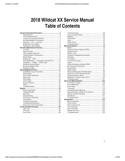 Arctic Cat Wildcat XX UTV Service Manual table of contents