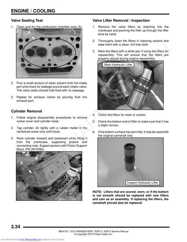 Polaris RZR Ranger 800 RZR-S RZR-4 UTV Service Manual sample page showing repair procedures
