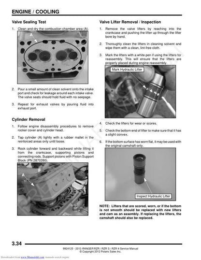 Polaris RZR Ranger 800 RZR-S RZR-4 UTV Service Manual sample page showing repair procedures