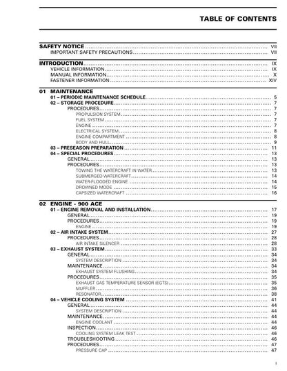 Sea-Doo GTI GTR Service Manual table of contents