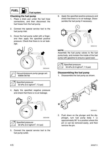 Yamaha F25C Outboard Service Manual sample page with diagrams and specifications