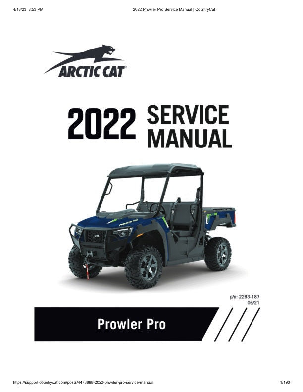 Arctic Cat Prowler Pro UTV Service Manual factory service manual title page