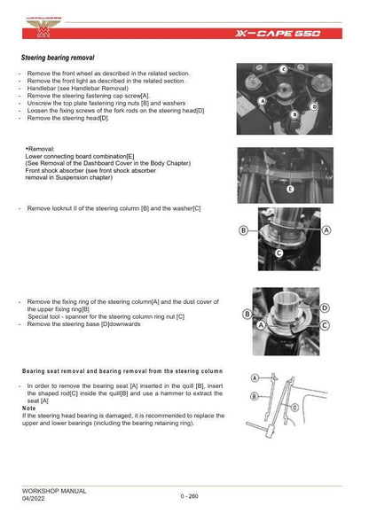 Motormorini X Cape 650 Motorcycle Service Manual sample page with service data and tables
