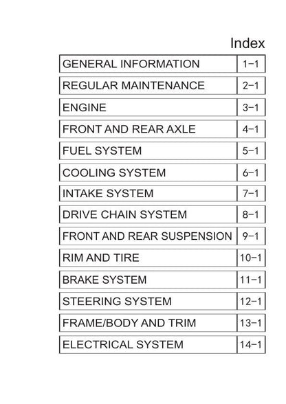 Segway Villain SSV SGW1000F UTV Service Manual table of contents