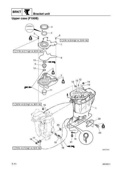 Yamaha F100B F100C Outboard Service Manual sample page with service data and tables