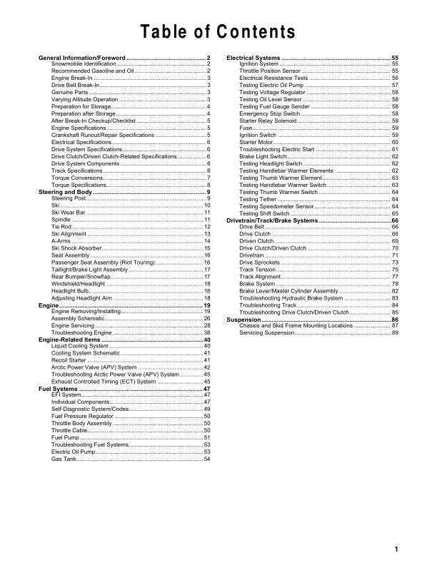 Arctic Cat Norseman Riot Touring ZR M 400 Snowmobile Service Manual table of contents