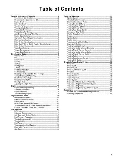 Arctic Cat Norseman Riot Touring ZR M 400 Snowmobile Service Manual table of contents