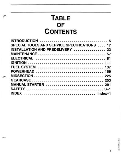 Johnson Evinrude 9.9-30 HP Outboard Service Manual table of contents