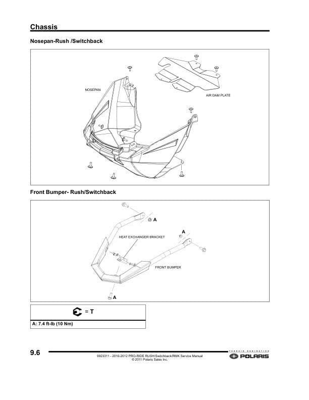 Polaris RUSH 600 800 Snowmobile Service Manual sample page with technical illustrations