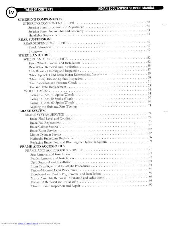 Indian Scout Centennial Springfield Deluxe Motorcycle Service Manual sample page from service manual