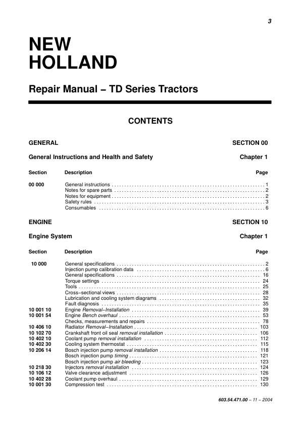 New Holland TD 60 70 80 90 95 Tractor Service Manual table of contents