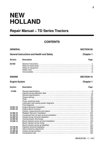 New Holland TD 60 70 80 90 95 Tractor Service Manual table of contents
