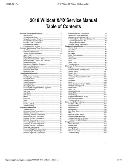 Arctic Cat Wildcat X 4X 1000 UTV Service Manual table of contents