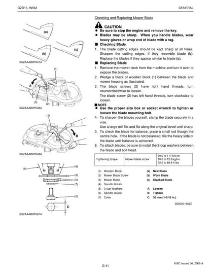 Kubota GZD 15 Mower Service Manual sample page with technical illustrations