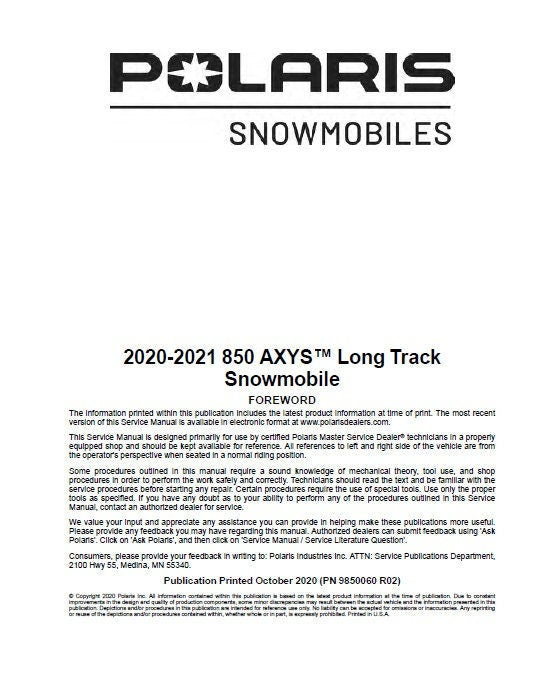 Polaris AXYS 850 Snowmobile Service Manual factory service manual title page