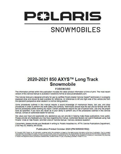 Polaris AXYS 850 Snowmobile Service Manual factory service manual title page