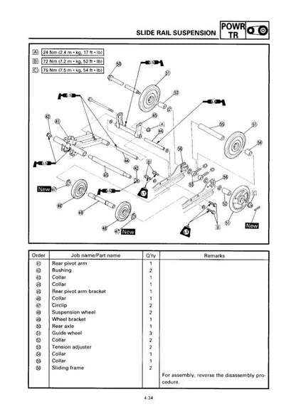 Yamaha SRX 600 700 Snowmobile Service Manual sample page with technical illustrations