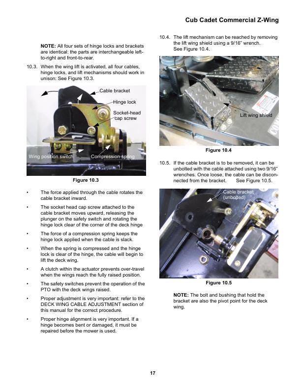 Cub Cadet Z Wing Mower Service Manual sample page with technical illustrations