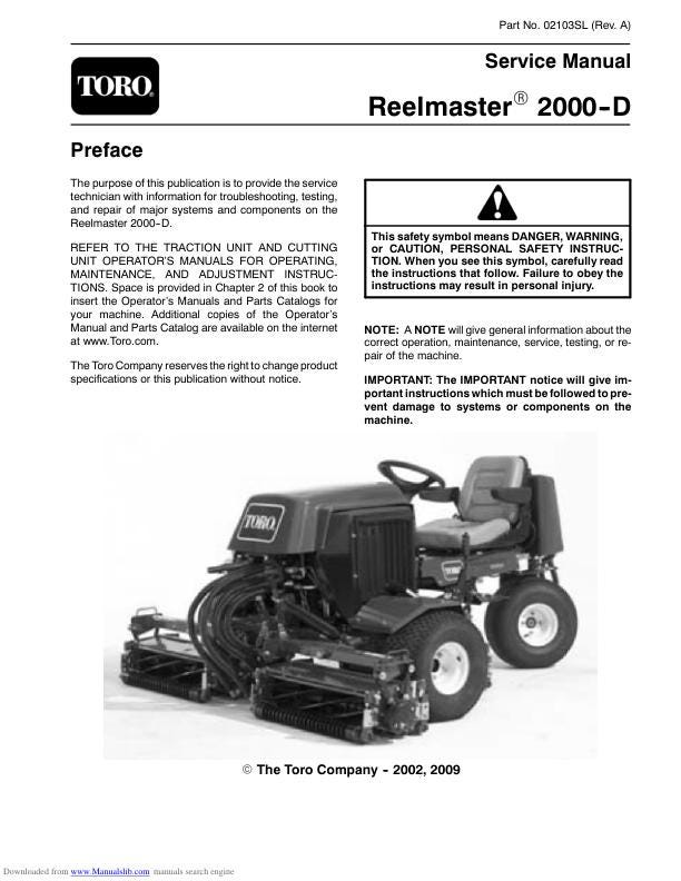 Toro Reelmaster 2000 D Mower Service Manual factory service manual title page
