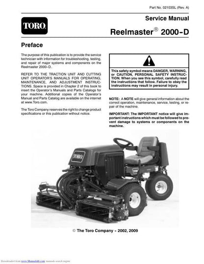 Toro Reelmaster 2000 D Mower Service Manual factory service manual title page