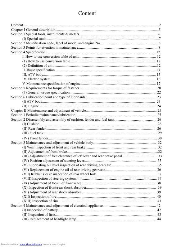 Baja Wilderness Trail WD400U ATV Service Manual table of contents