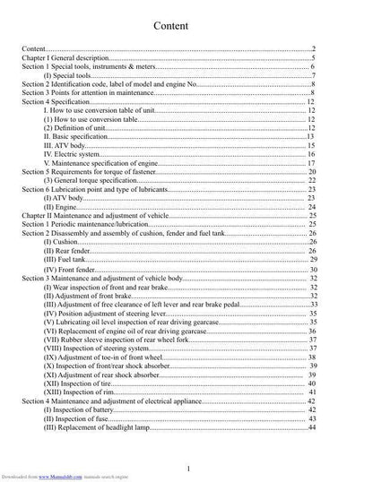 Baja Wilderness Trail WD400U ATV Service Manual table of contents