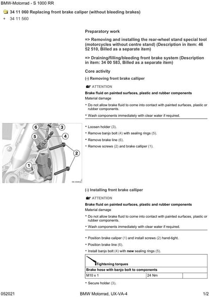 BMW S1000 RR K67 Motorcycle Service Manual sample page with service data and tables