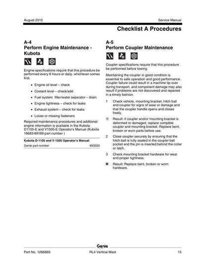 Genie RL 4 Gas Powered Light Tower Service Manual sample page with diagrams and specifications