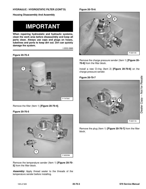 Bobcat S70 Skid Steer Loader Service Manual sample page with technical illustrations