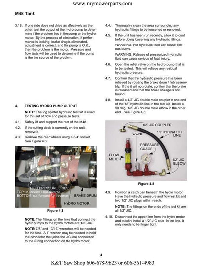Cub Cadet M48 Tank Zero Turn Mower Service Manual sample page with diagrams and specifications