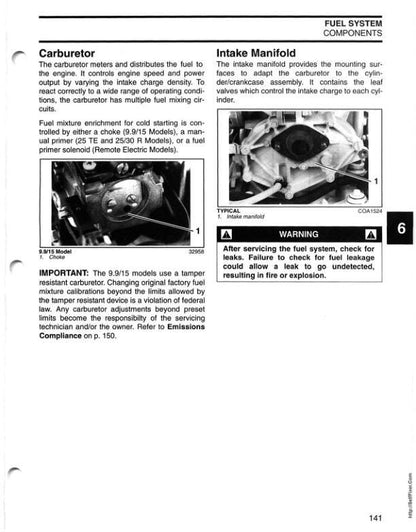 Johnson Evinrude 9.9-30 HP Outboard Service Manual sample page showing repair procedures