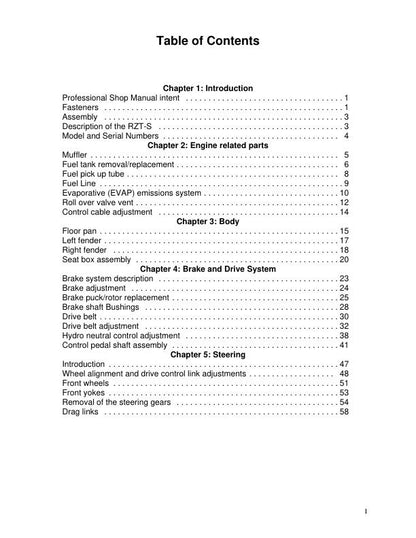 Cub Cadet RZT-S Zero Turn Mower Service Manual table of contents