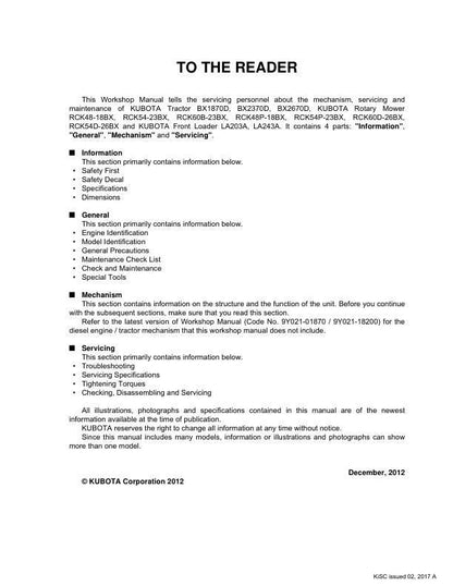 Kubota Tractor Service Manual table of contents