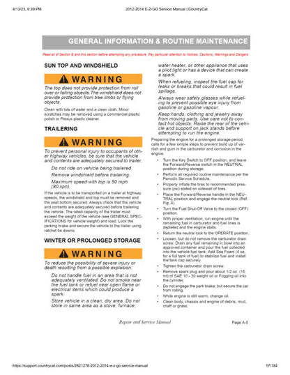 EZGO Terrain 1500 Gas Golf Cart Service Manual sample page showing repair procedures
