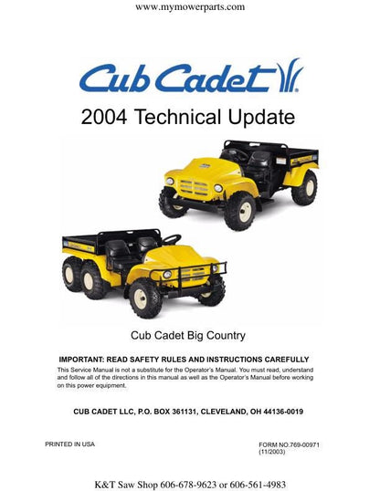 Cub Cadet Big Country 4x2 6x2 Utility Vehicle Service Manual table of contents