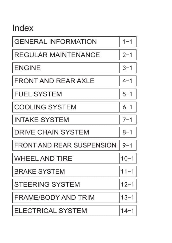 Segway Snarler ATV Service Manual table of contents