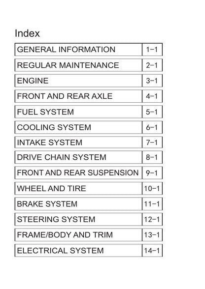 Segway Snarler ATV Service Manual table of contents