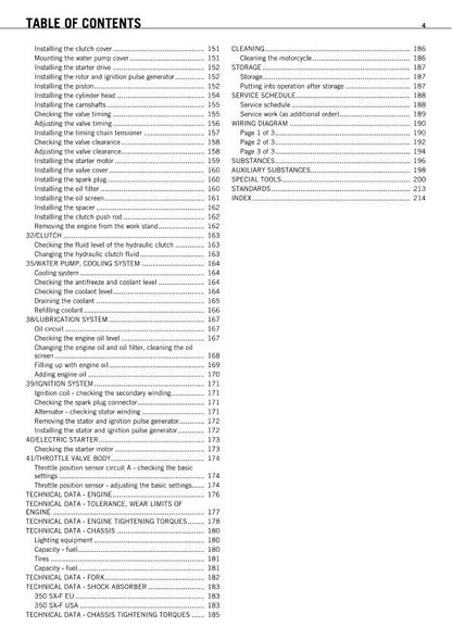 KTM SXF 350 Motorcycle Service Manual sample page with diagrams and specifications