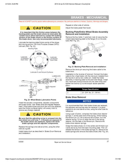 EZGO Express S4 48V Golf Cart Service Manual sample page with service data and tables