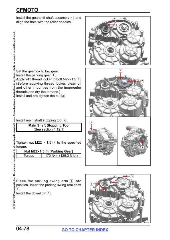 CFMOTO UFORCE U10 UTV Service Manual sample page with diagrams and specifications
