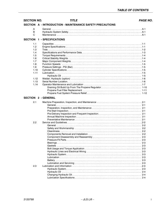 JLG400S 460SJ Telescopic Boom Lift Service Manual table of contents