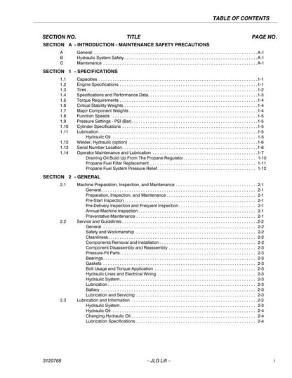 JLG400S 460SJ Telescopic Boom Lift Service Manual table of contents